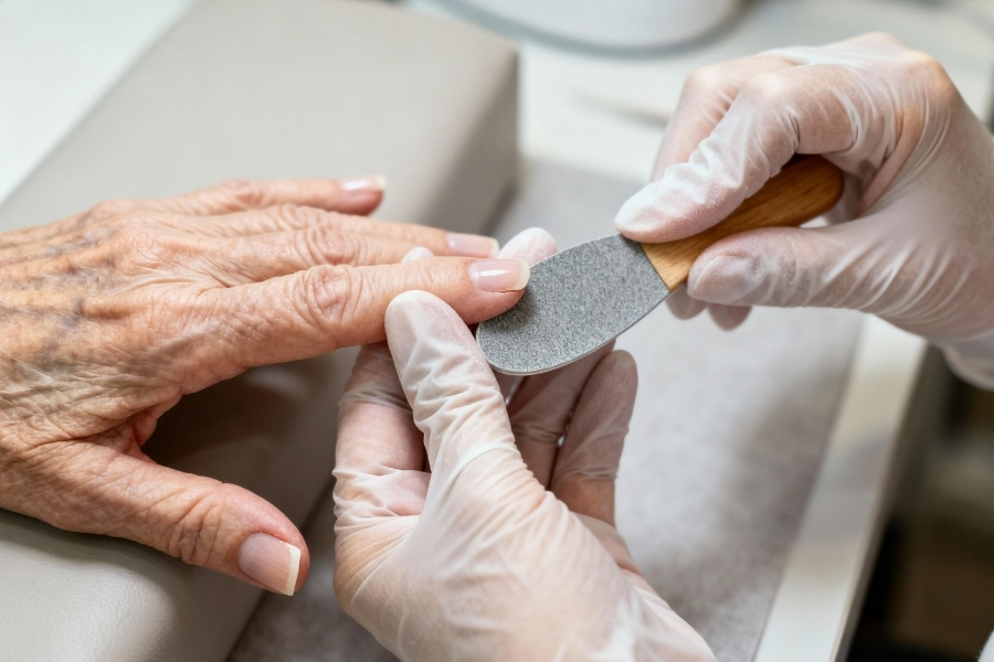 Pflegekraft feilt Seniorin die Fingernägel