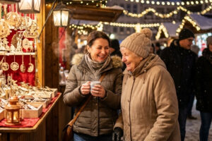 Pflegekraft und Seniorin auf dem Weihnachtsmarkt