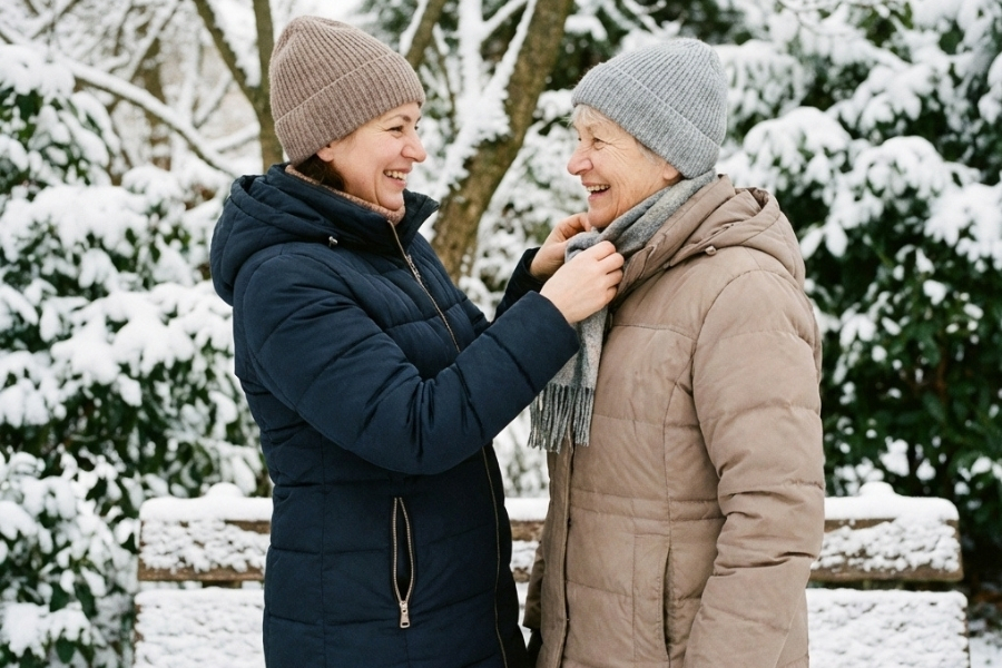 Seniorin und Pflegekraft im Schnee