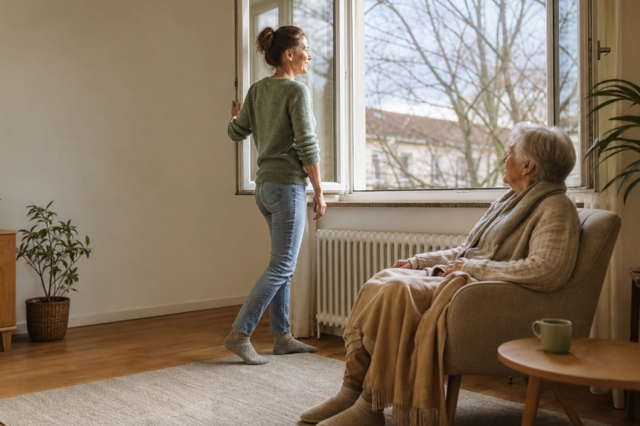 Opiekunka wietrzy pokój dla seniorki